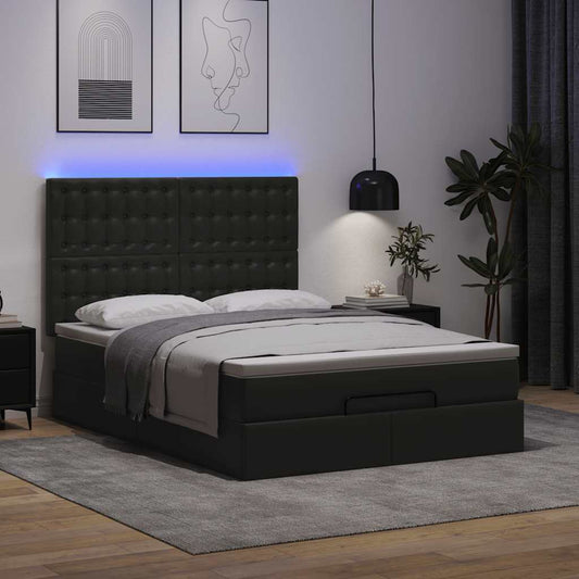 Ottoman Bed Frame with Mattress Black Double Faux Leather