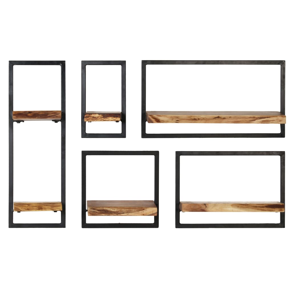 Wall Shelf Set 5 Pieces Solid Acacia Wood and Steel