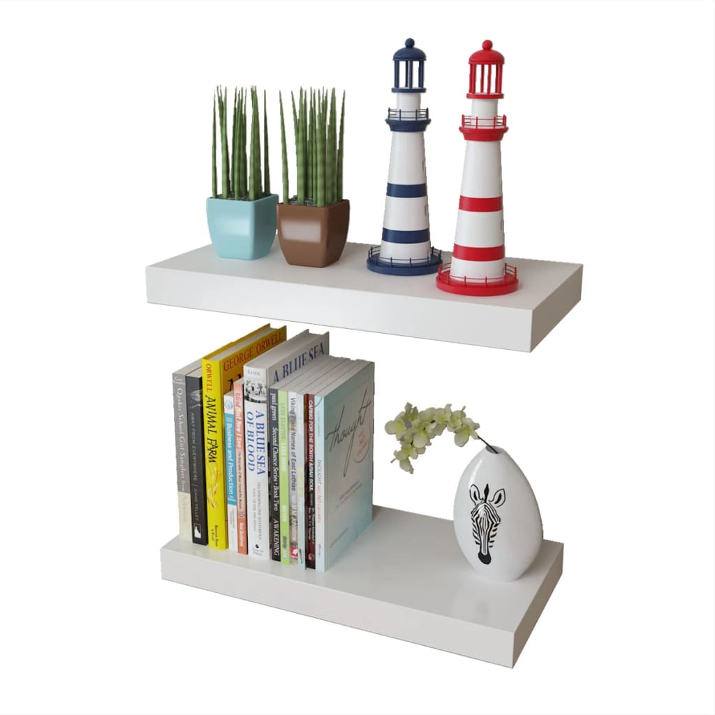 2 White MDF Floating Wall Display Shelves Book/DVD Storage