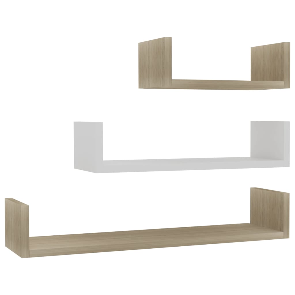 Wall Display Shelf 3 pcs White and Sonoma Oak Engineered Wood