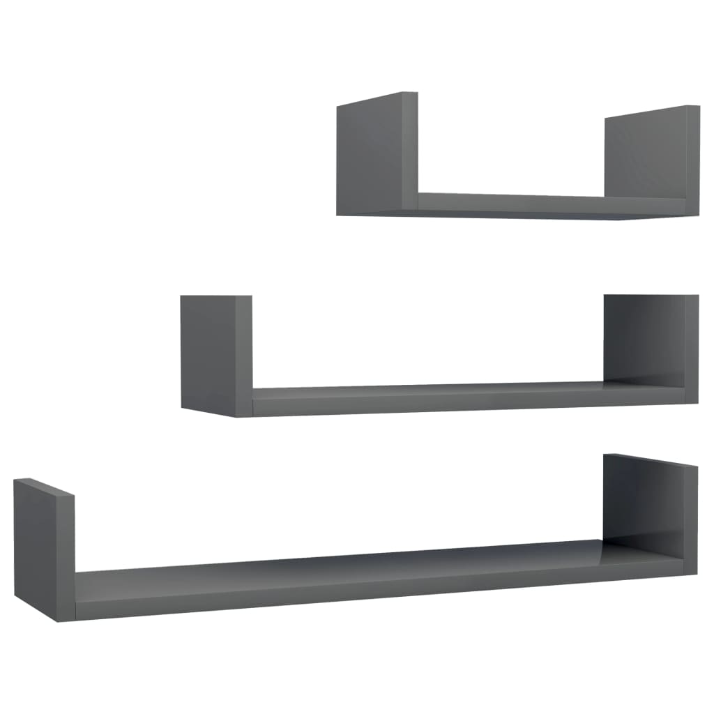 Wall Display Shelf 3 pcs High Gloss Grey Engineered Wood