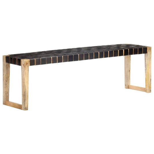 Bench 150 cm Black Real Leather and Solid Mango Wood