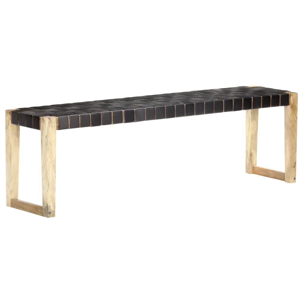 Bench 150 cm Black Real Leather and Solid Mango Wood