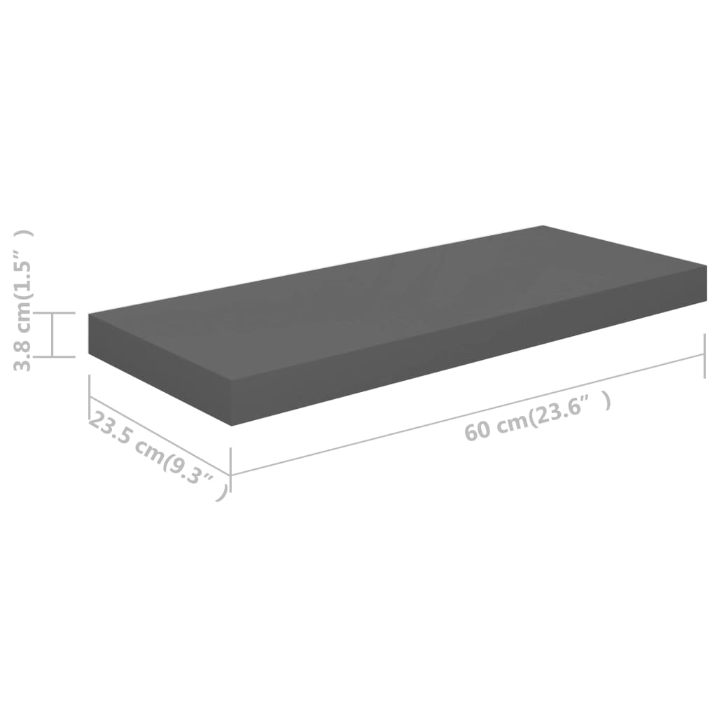 Floating Wall Shelves 2 pcs High Gloss Grey 60x23.5x3.8 cm MDF