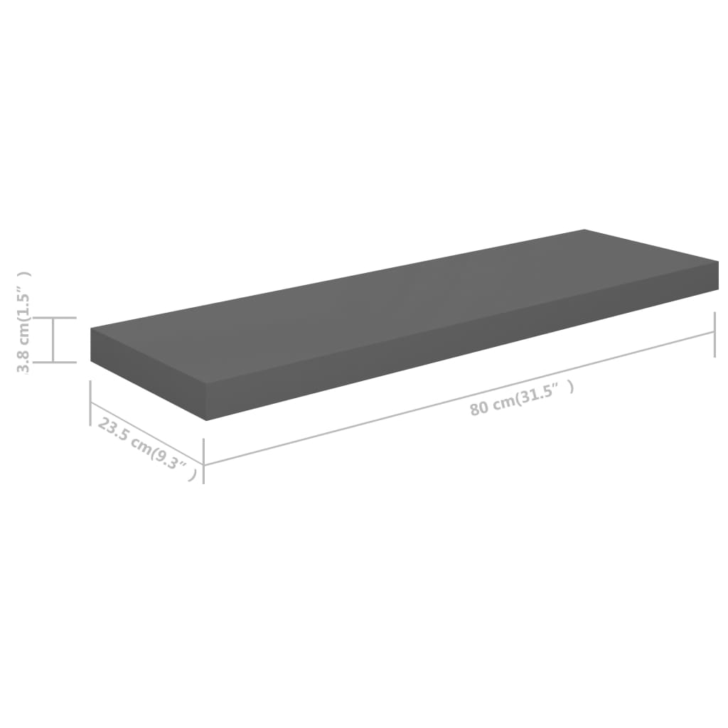 Floating Wall Shelves 2 pcs High Gloss Grey 80x23.5x3.8 cm MDF