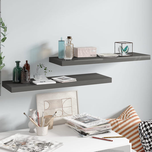 Floating Wall Shelves 2 pcs High Gloss Grey 80x23.5x3.8 cm MDF