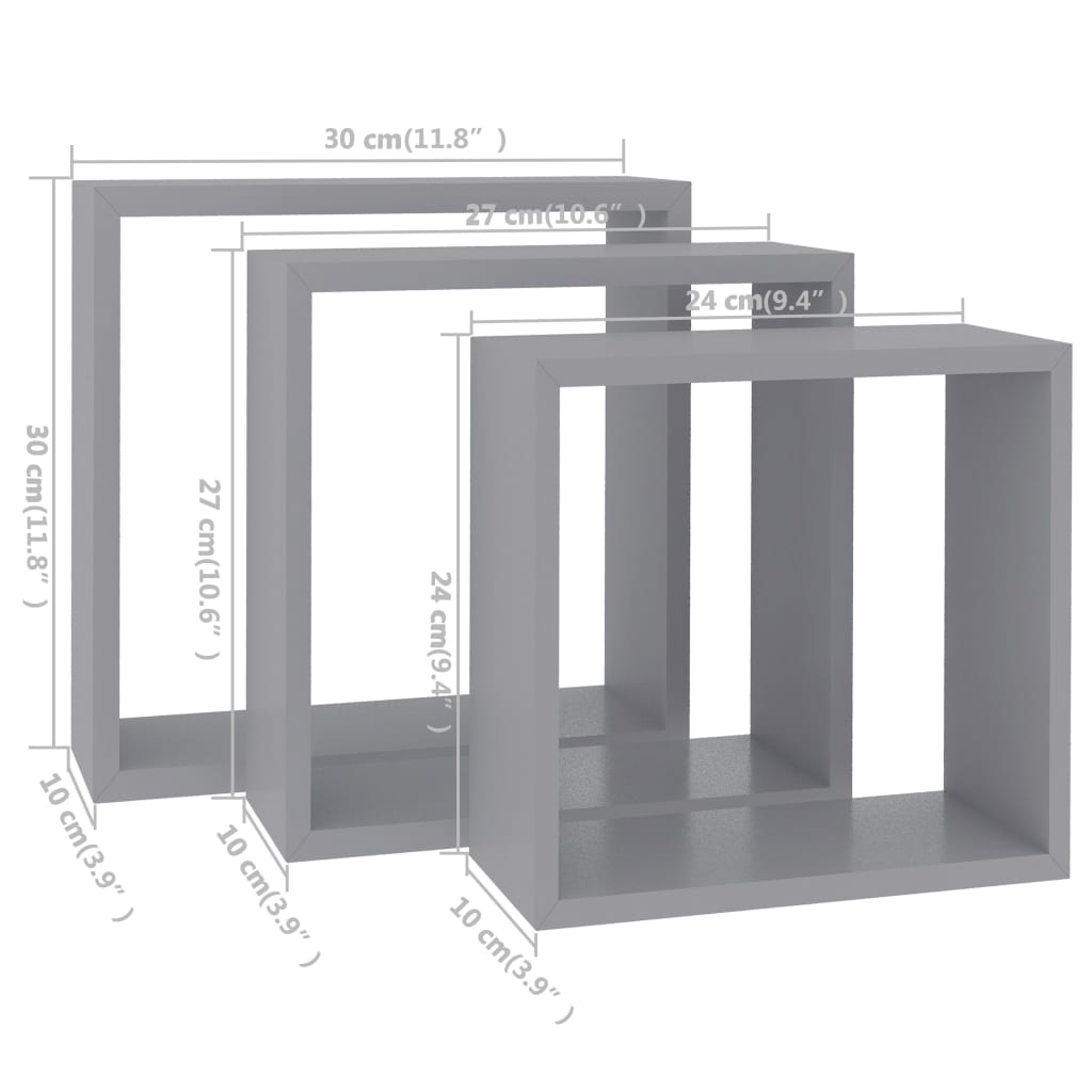 Wall Cube Shelves 3 pcs Grey MDF