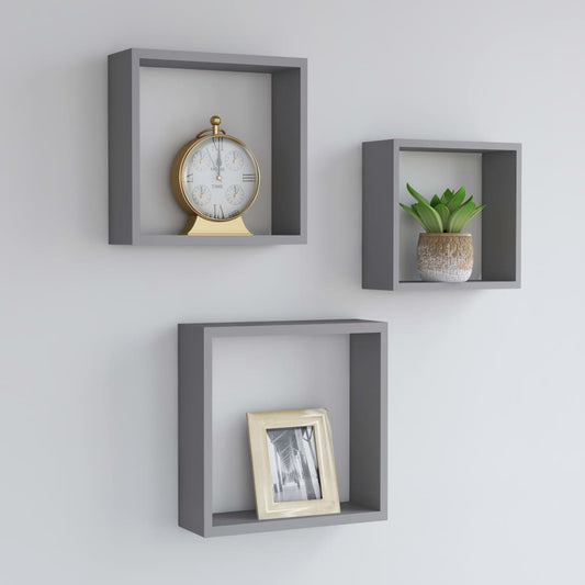 Wall Cube Shelves 3 pcs Grey MDF