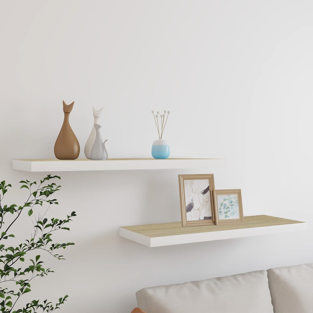 Floating Wall Shelves 2 pcs Oak and White 80x23.5x3.8 cm MDF