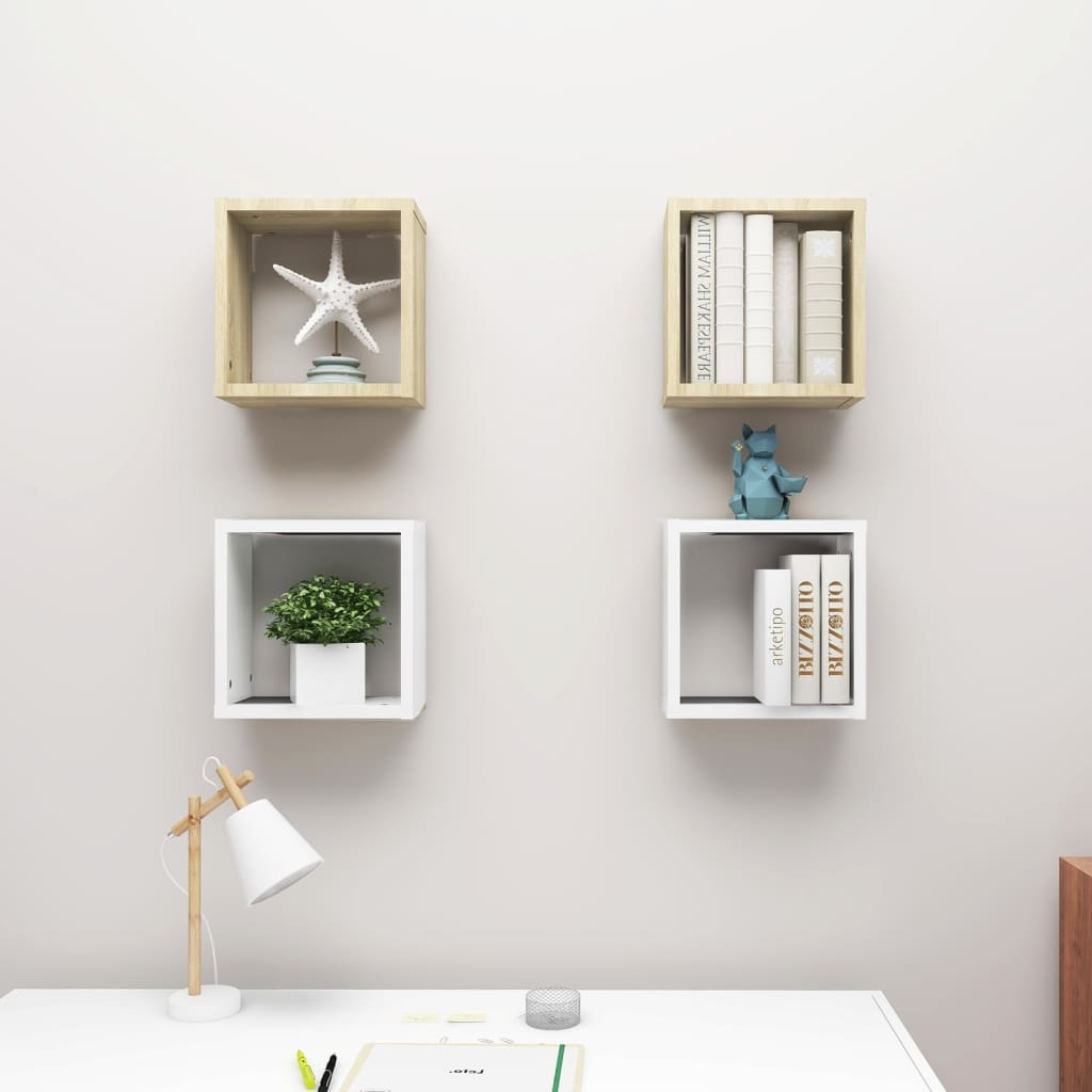 Wall Cube Shelves 4 pcs White and Sonoma Oak 30x15x30 cm