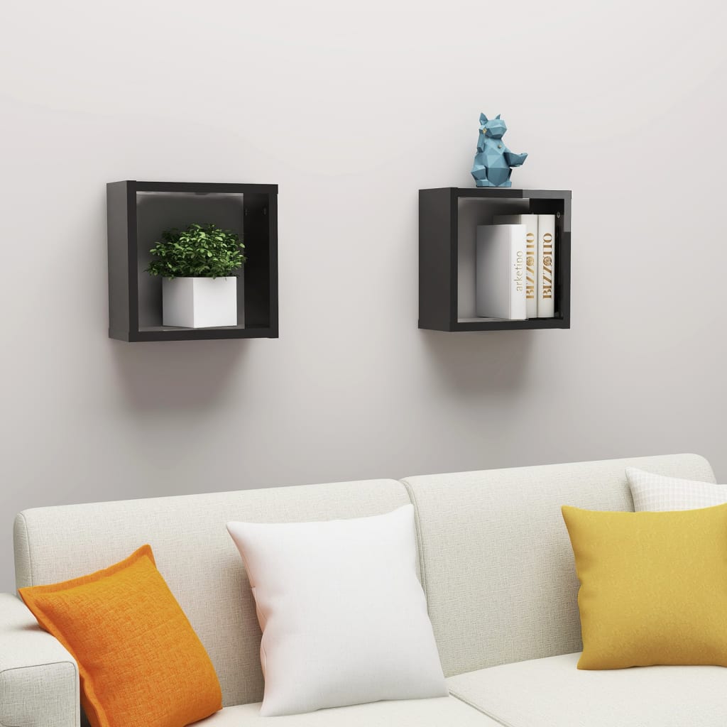 Wall Cube Shelves 2 pcs High Gloss Black 30x15x30 cm