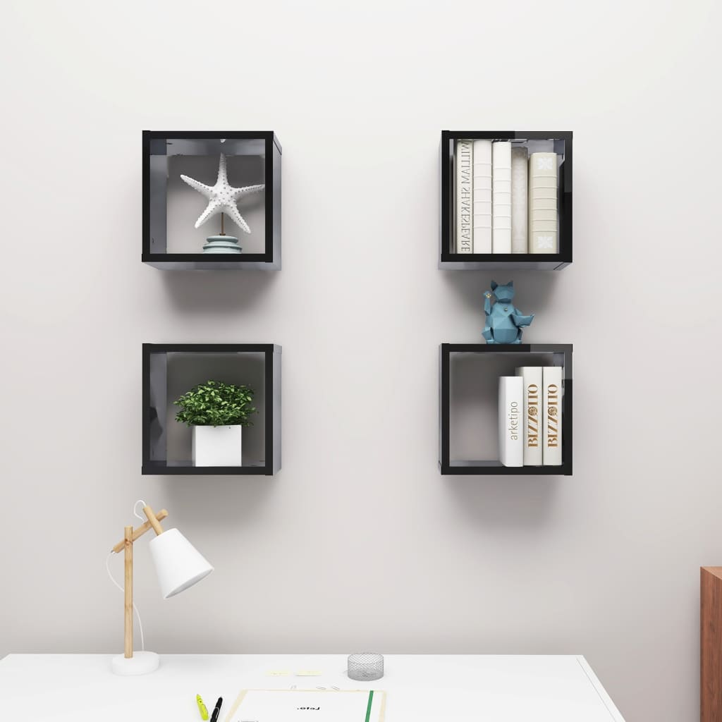 Wall Cube Shelves 4 pcs High Gloss Black 30x15x30 cm