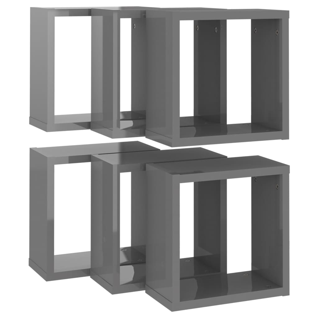 Wall Cube Shelves 6 pcs High Gloss Grey 30x15x30 cm