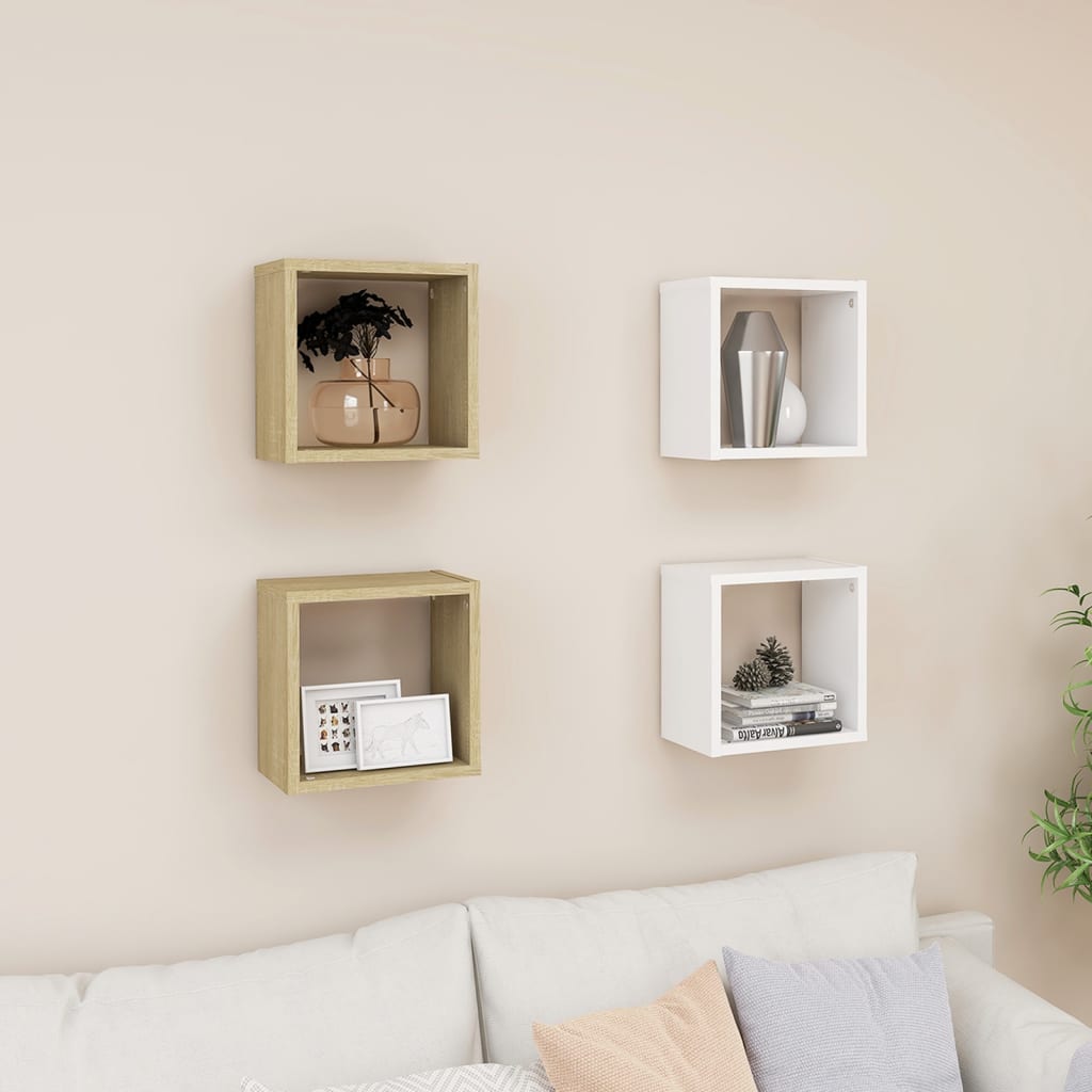 Wall Cube Shelves 4 pcs White and Sonoma Oak 26x15x26 cm