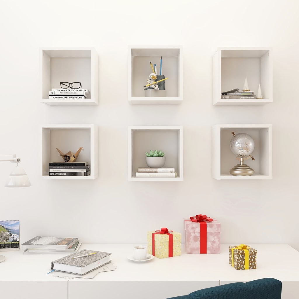 Wall Cube Shelves 6 pcs High Gloss White 26x15x26 cm