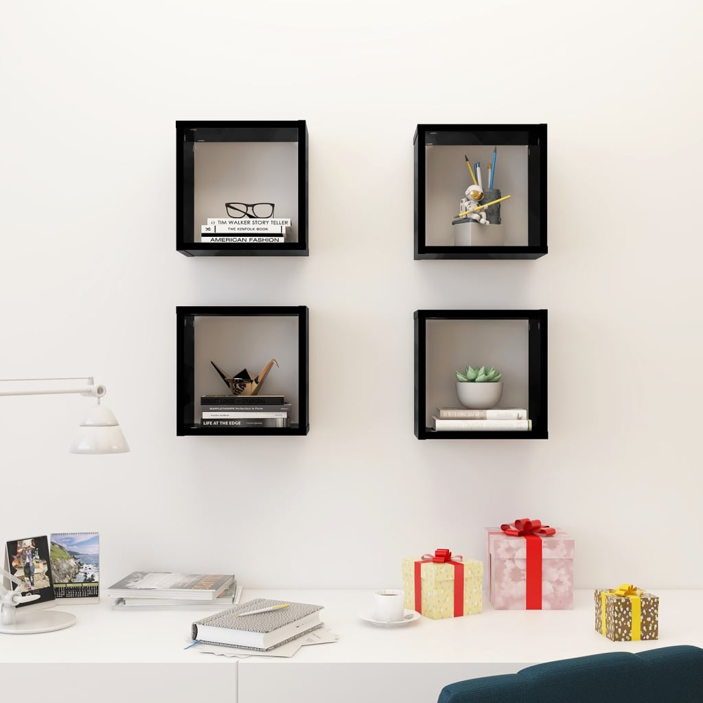 Wall Cube Shelves 4 pcs High Gloss Black 26x15x26 cm