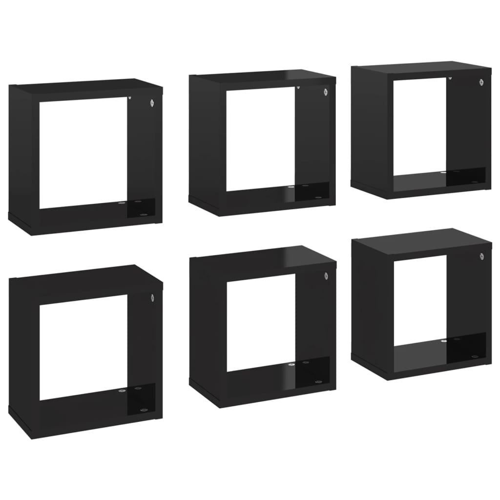 Wall Cube Shelves 6 pcs High Gloss Black 26x15x26 cm