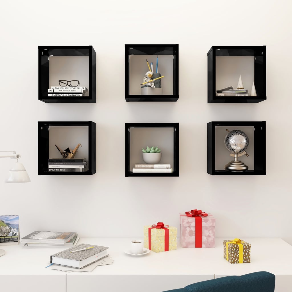 Wall Cube Shelves 6 pcs High Gloss Black 26x15x26 cm