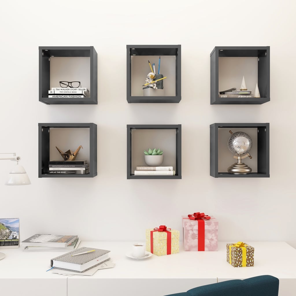 Wall Cube Shelves 6 pcs High Gloss Grey 26x15x26 cm