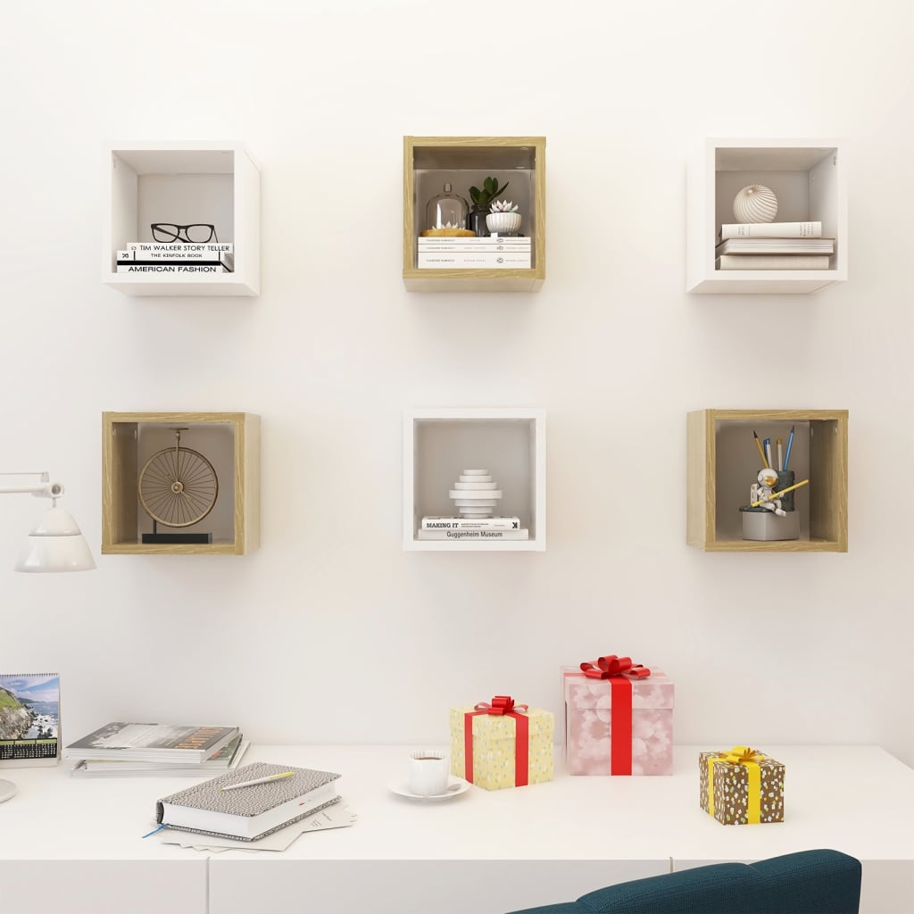 Wall Cube Shelves 6 pcs White and Sonoma Oak 22x15x22 cm