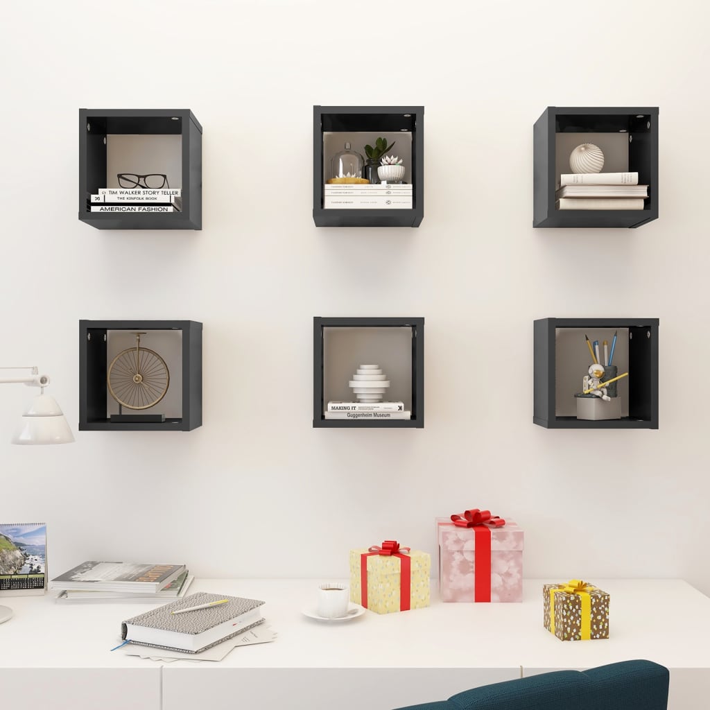 Wall Cube Shelves 6 pcs High Gloss Grey 22x15x22 cm