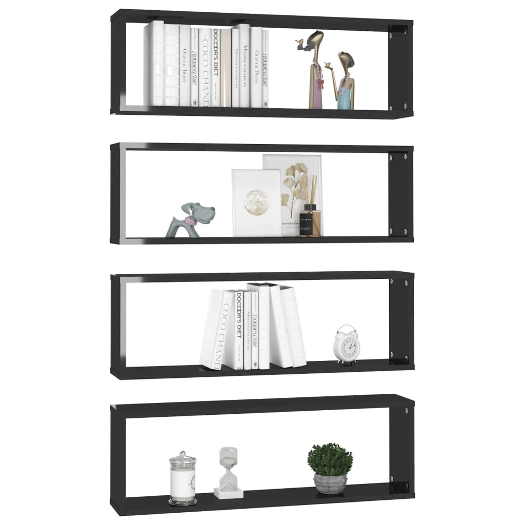 Wall Cube Shelves 4 pcs High Gloss Black 80x15x26.5cm Engineered Wood