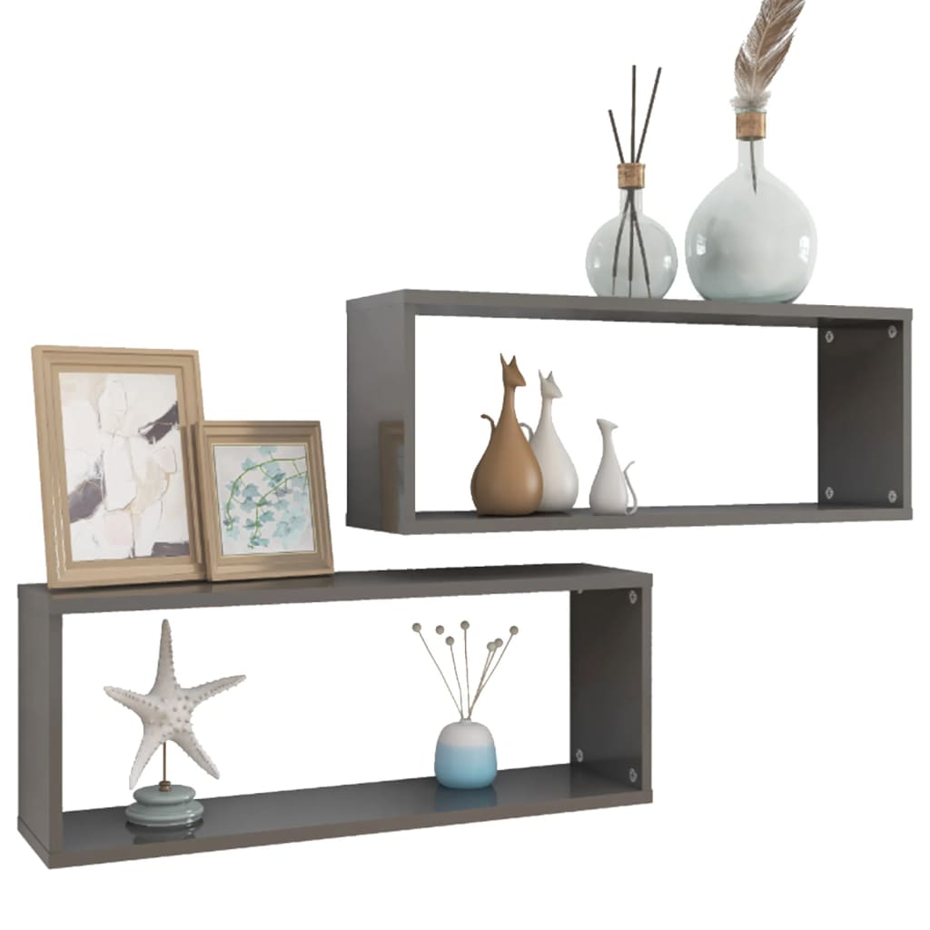 Wall Cube Shelves 2 pcs High Gloss Grey 60x15x23 cm Engineered Wood