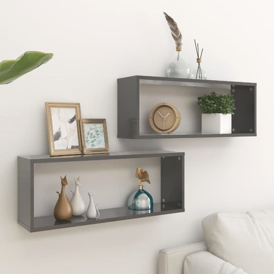 Wall Cube Shelves 2 pcs High Gloss Grey 60x15x23 cm Engineered Wood