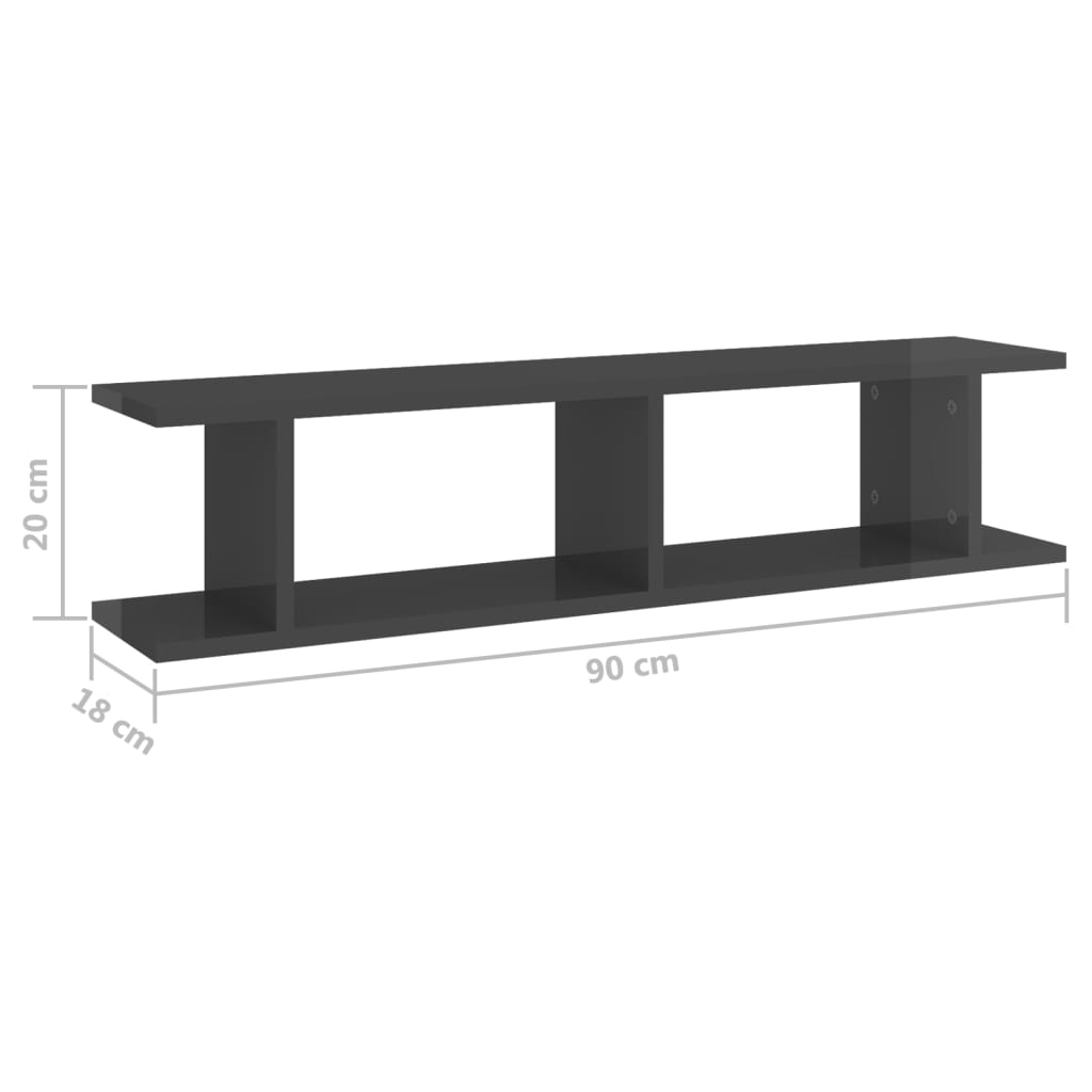 Wall Shelves 2 pcs High Gloss Grey 90x18x20 cm Engineered Wood