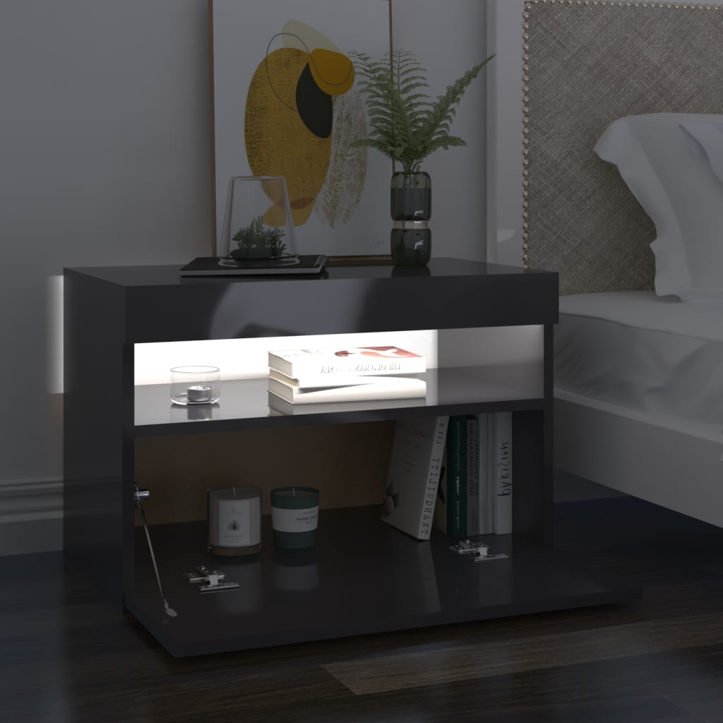 Bedside Cabinet & LED Lights 2 pcs HIgh Gloss Grey 60x35x40 cm