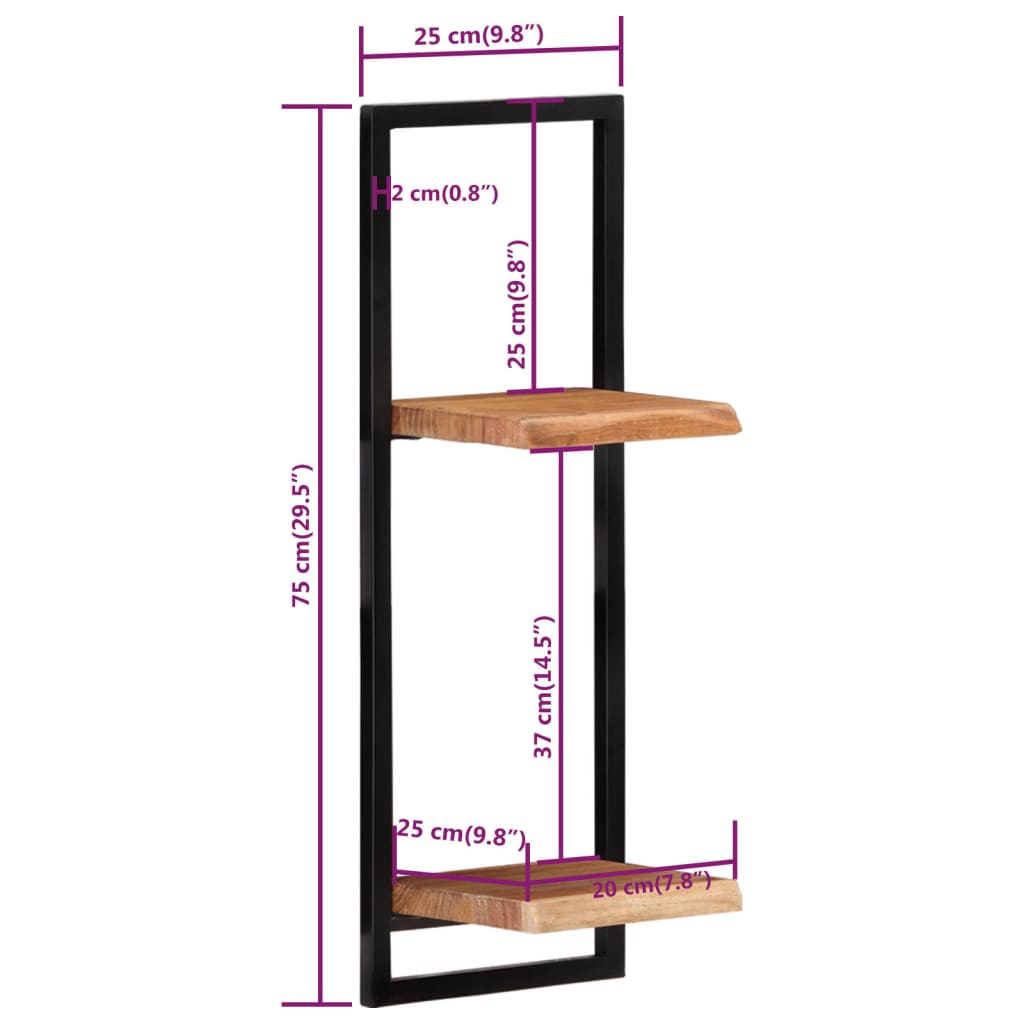 Wall Shelves 2 pcs 25x25x75 cm Solid Wood Acacia and Steel