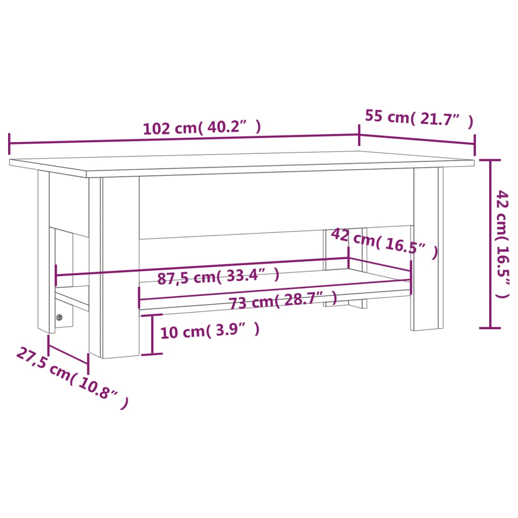 Coffee Table High Gloss White 102x55x42 cm Engineered Wood