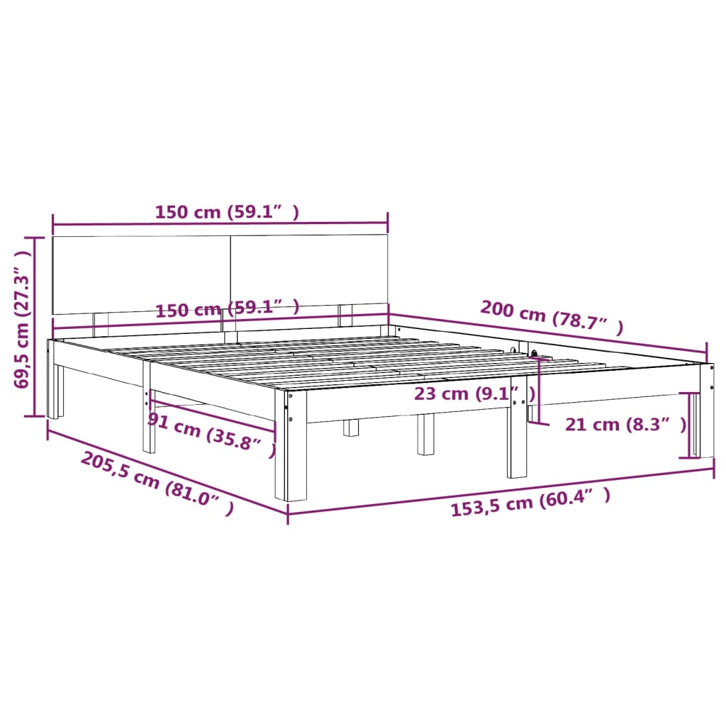 Bed Frame Solid Wood 153x203 cm Queen Size