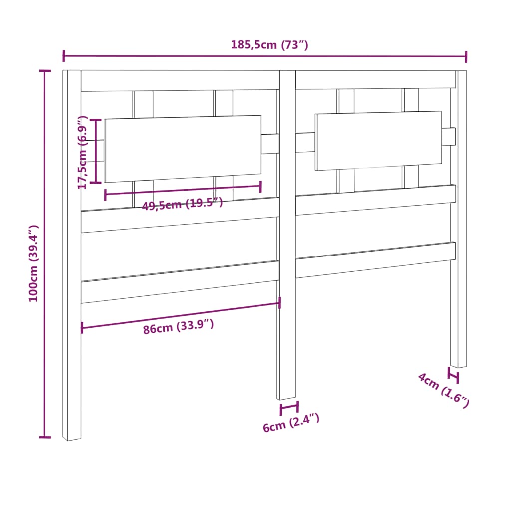 Bed Headboard Black 185.5x4x100 cm Solid Wood Pine