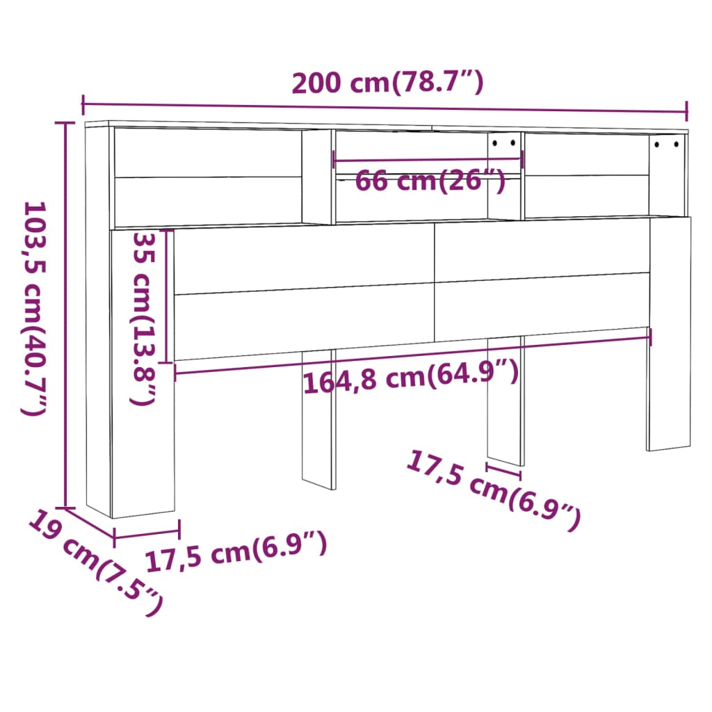 Headboard Cabinet Black 200x19x103.5 cm