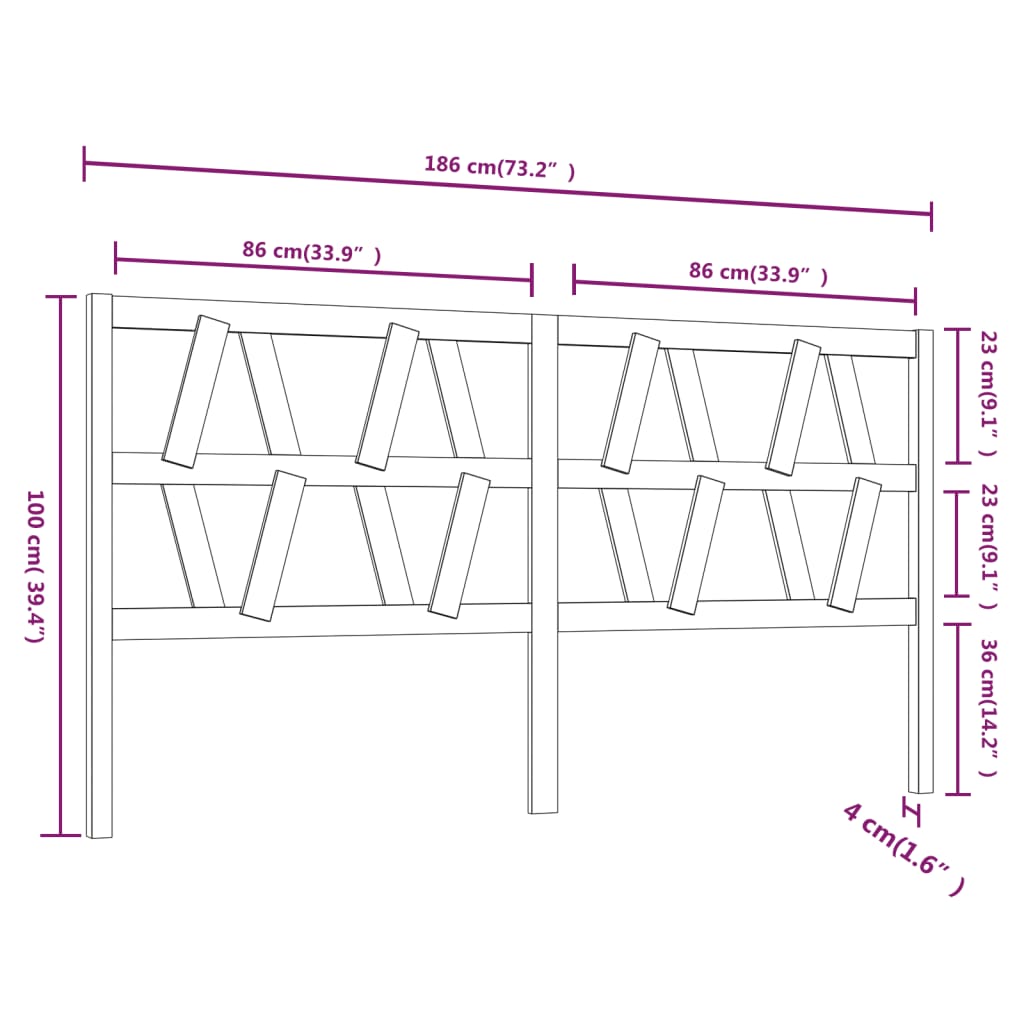 Bed Headboard White 186x4x100 cm Solid Wood Pine