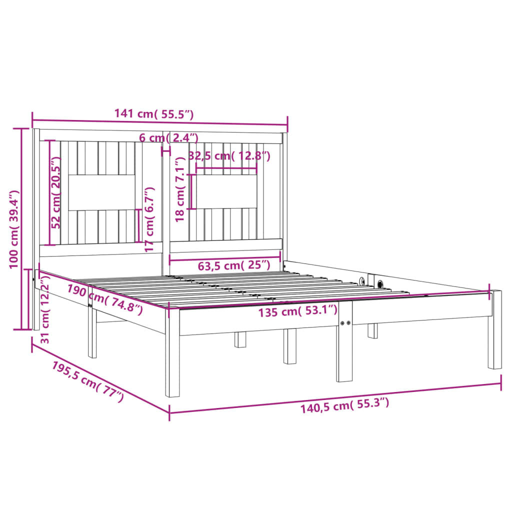 Bed Frame Solid Wood 137x187 cm Double Size