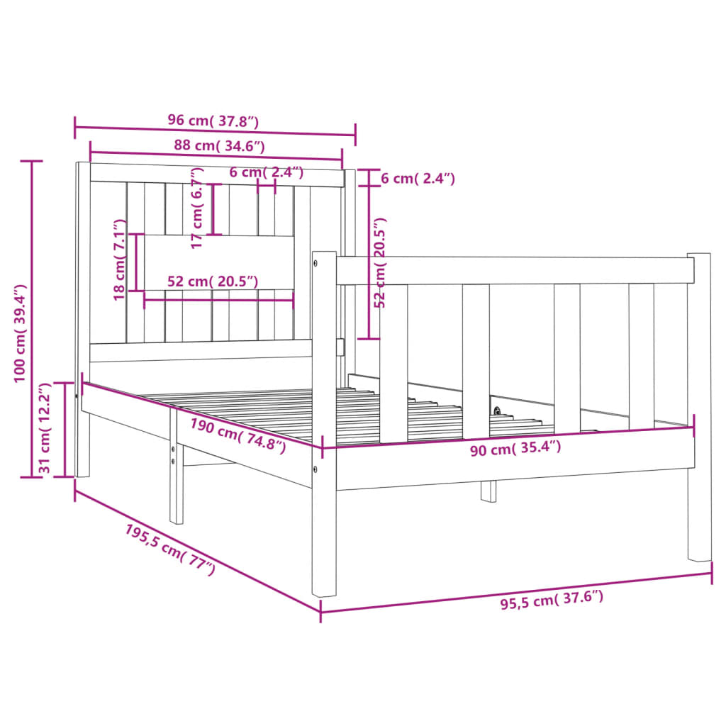 Bed Frame White Solid Wood 92x187 cm Single Size