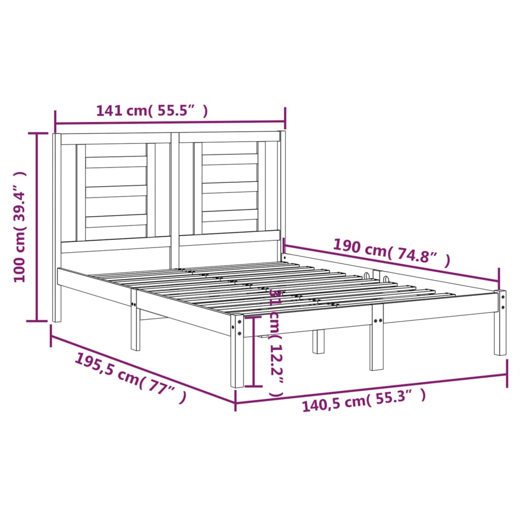 Bed Frame Black Solid Wood Pine 137x187 cm Double Size