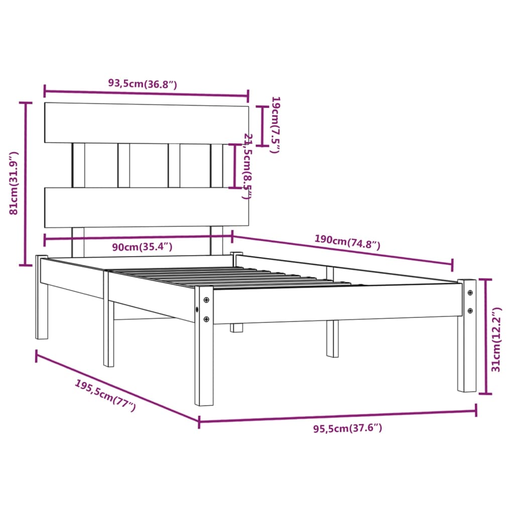 Bed Frame Solid Wood 92x187 cm Single Size