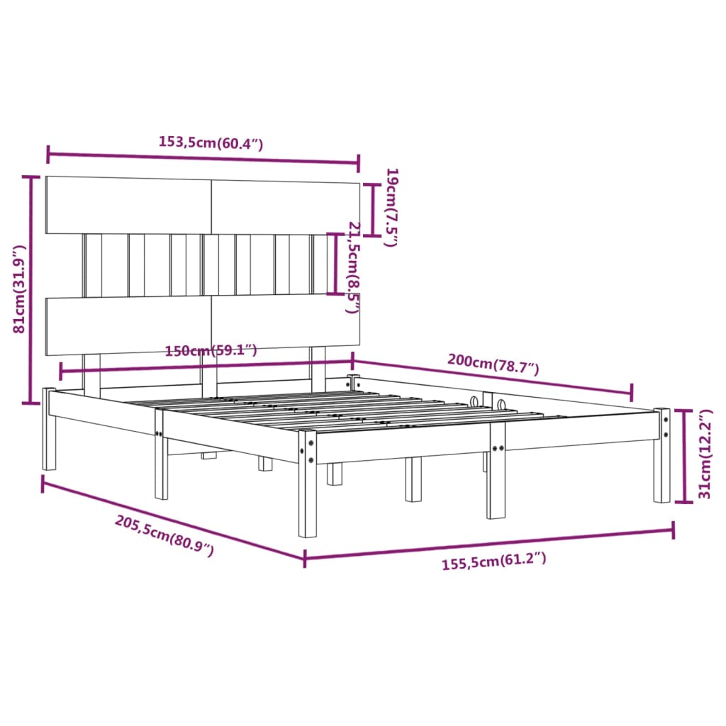 Bed Frame Solid Wood 153x203 cm Queen Size