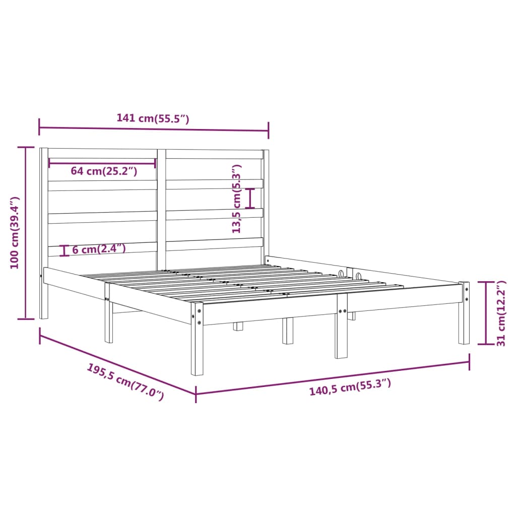 Bed Frame White Solid Wood 137x187 cm Double Size