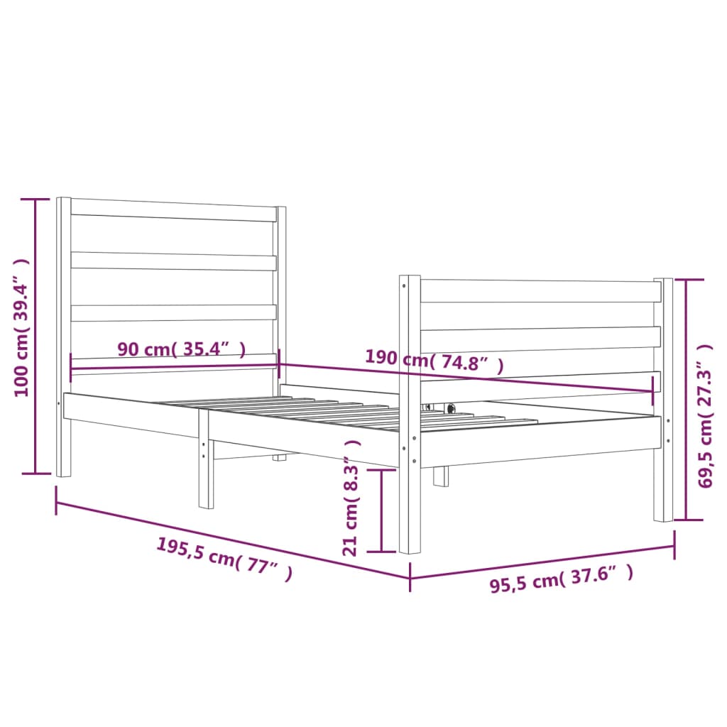 Bed Frame White Solid Wood Pine 92x187 cm Single Size