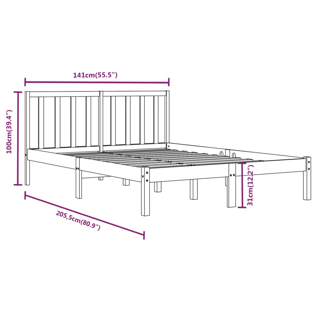 Bed Frame Black Solid Wood Pine 137x187 cm Double Size