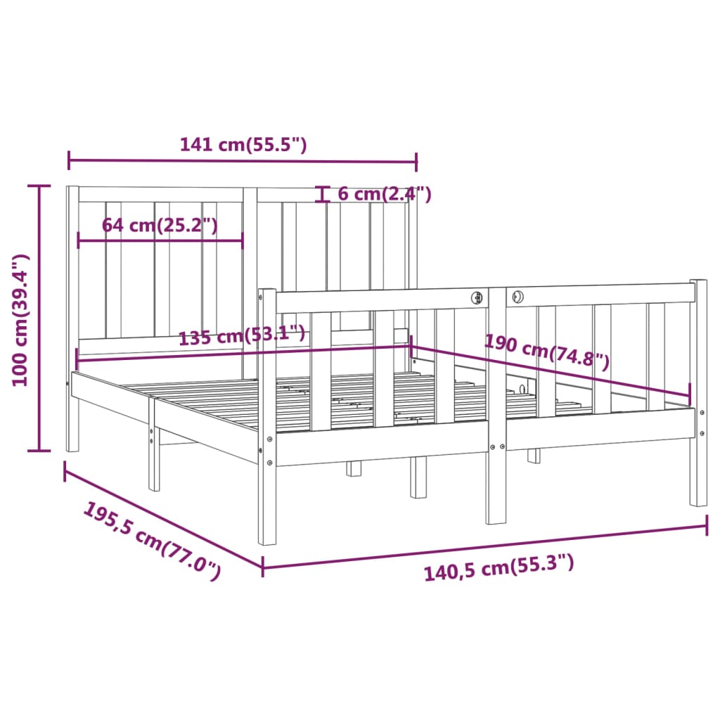 Bed Frame Black Solid Wood 137x187 cm Double Size