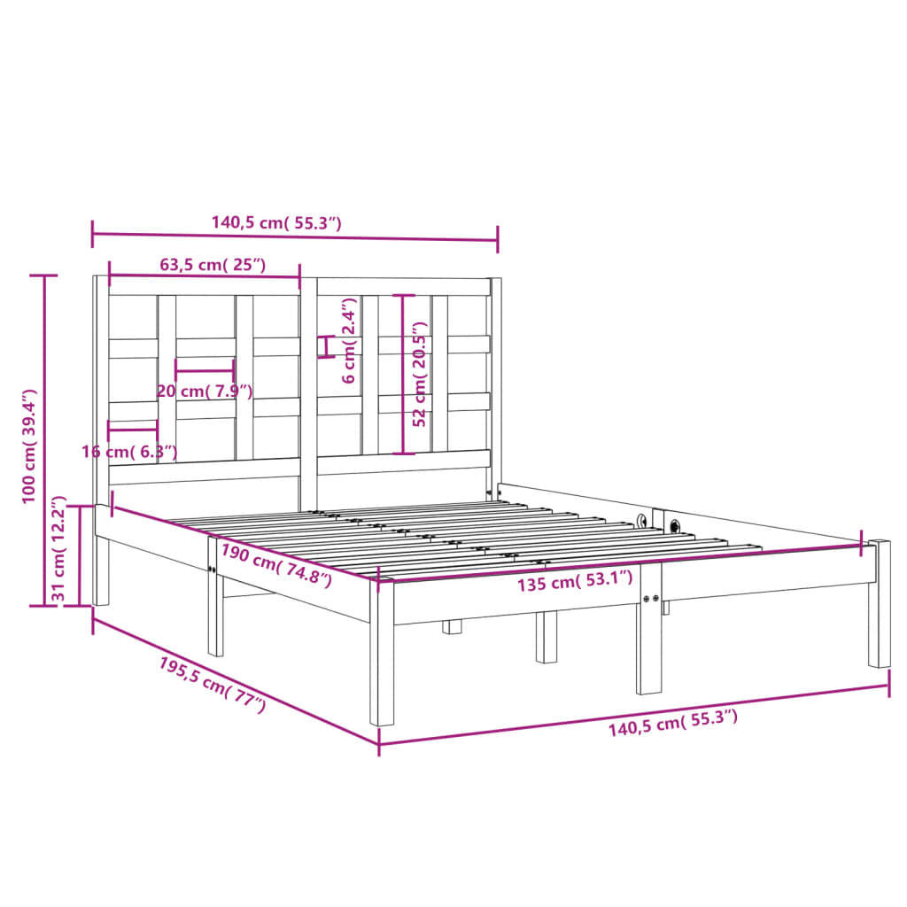 Bed Frame Black Solid Wood 137x187 cm Double Size