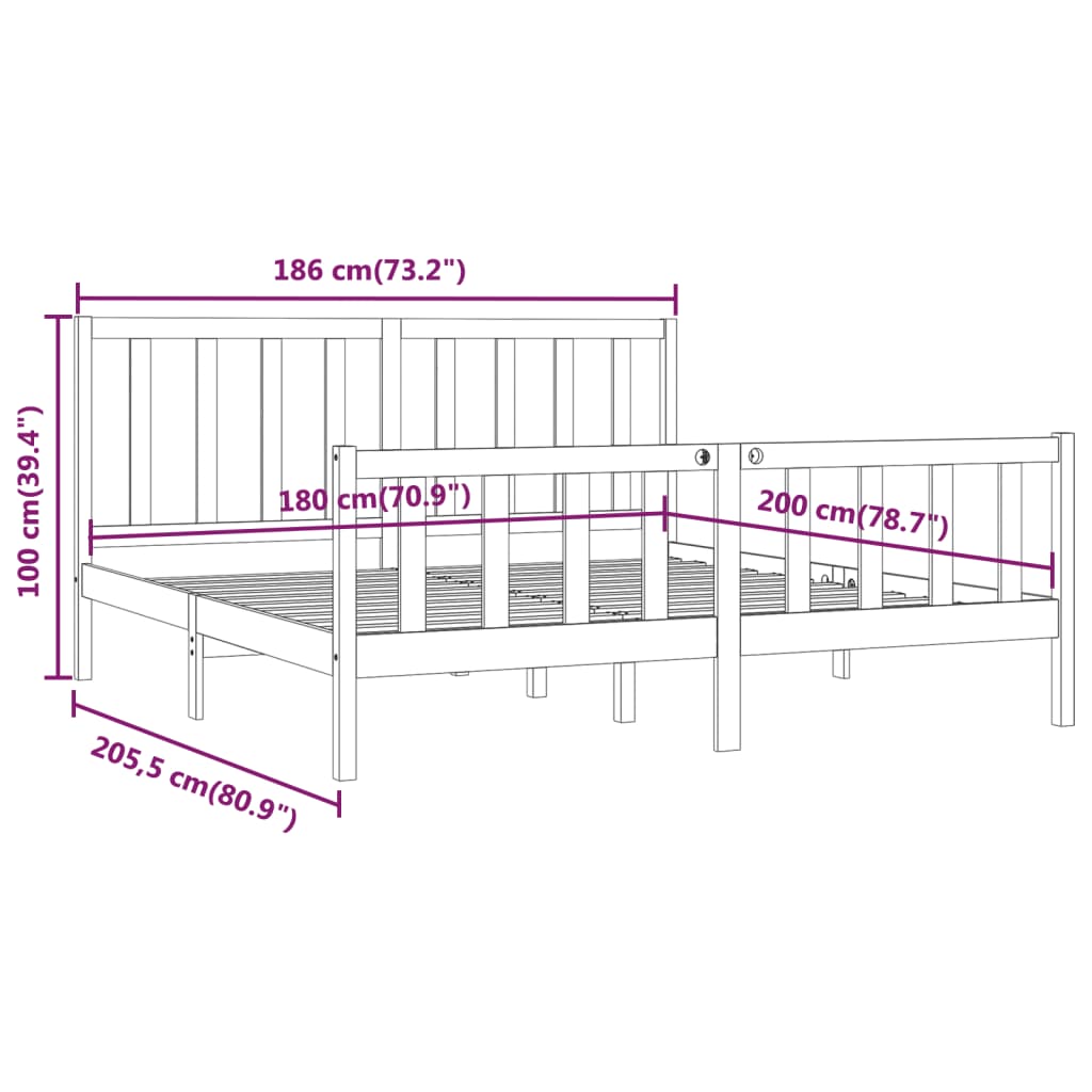 Bed Frame Black Solid Wood 183x203 cm King Size