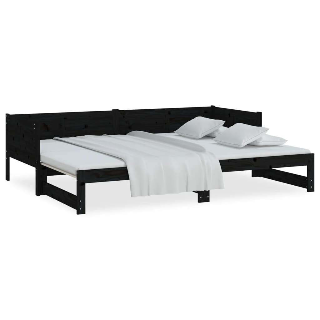 Pull-out Day Bed Black Solid Wood Pine 2x(92x187) cm Single Size