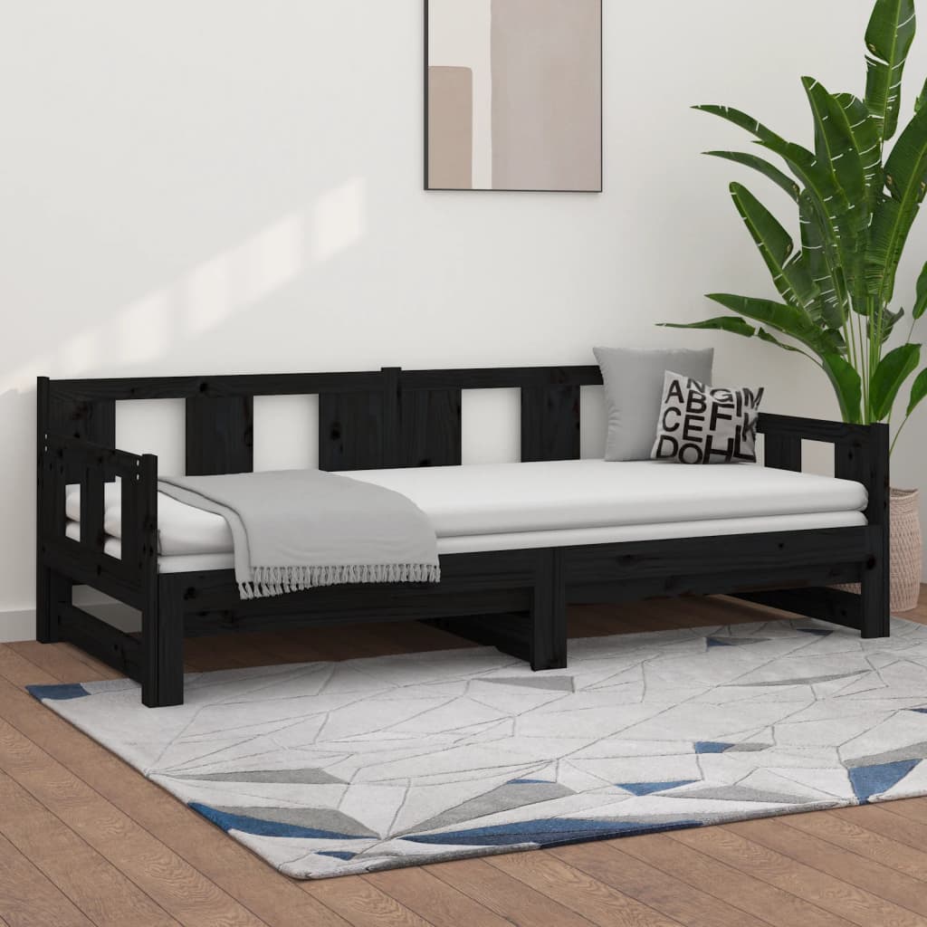 Pull-out Day Bed Black Solid Wood Pine 2x(92x187) cm Single Size