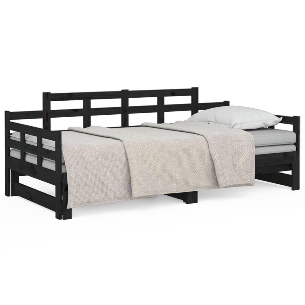 Pull-out Day Bed Black Solid Wood Pine 2x(92x187) cm Single Size